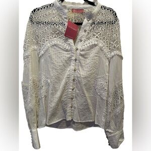 White laced button up blouse with pearled buttons